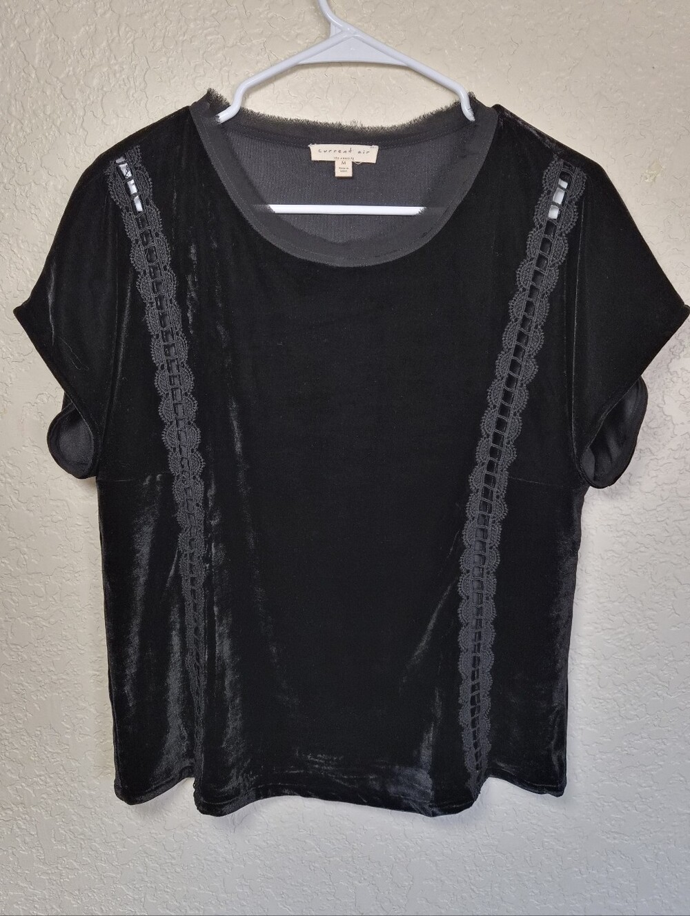 Current Air Black Velvet Short Sleeve Top with Lace Trim
